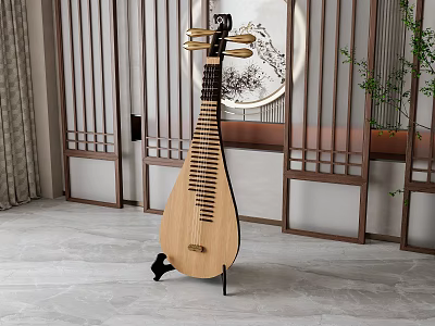 Traditional Chinese Pipa and Classic Painting in Oriental Room with Wooden Screen and Green Plant 3d model