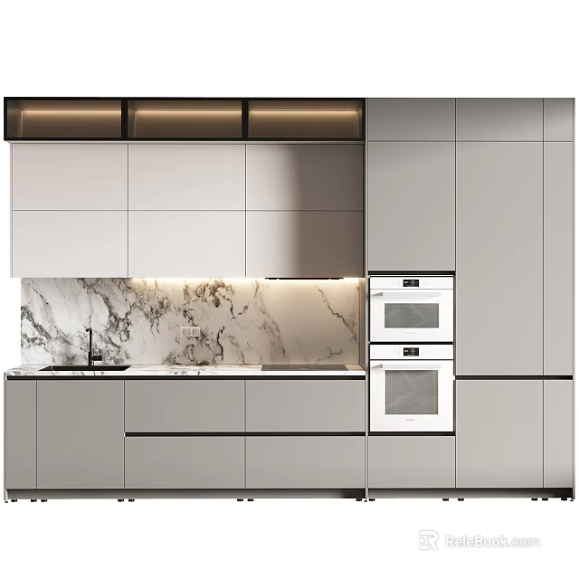 Modern Kitchen Interior Design With Marble Backsplash Cabinets And Built-in Oven 3d model 