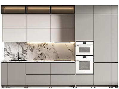 Modern Kitchen Interior Design With Marble Backsplash Cabinets And Built-in Oven 3d model