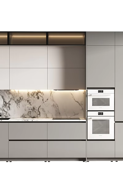 Modern Kitchen Interior Design With Marble Backsplash Cabinets And Built-in Oven 3d model