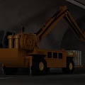 Orange Utility Vehicle with Extendable Boom and Metal Work Platform in Gray Indoor Tunnel Setting