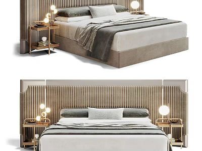 Modern Double Bed with Striped Headboard Nightstands Table Lamps Pillows and Throw Blanket 3d model