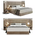 Modern Double Bed with Striped Headboard Nightstands Table Lamps Pillows and Throw Blanket