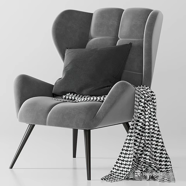 Modern Gray Armchair With Cozy Pillow And Black White Checkered Blanket 3d model 