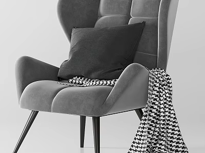 Modern Gray Armchair With Cozy Pillow And Black White Checkered Blanket 3d model