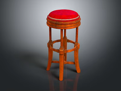 Classic Bar Stool With Red Velvet Upholstered Round Seat And Wooden Legs Design 3d model