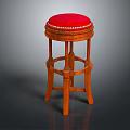 Classic Bar Stool With Red Velvet Upholstered Round Seat And Wooden Legs Design