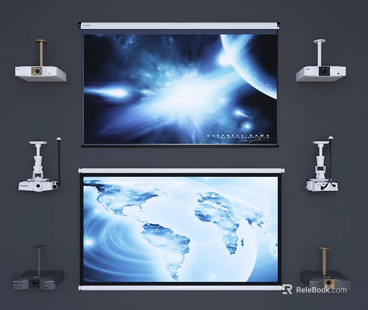 Projection Monitoring System Featuring Dual Screens Projectors And Mounts With World Map Starry Space 3d model 