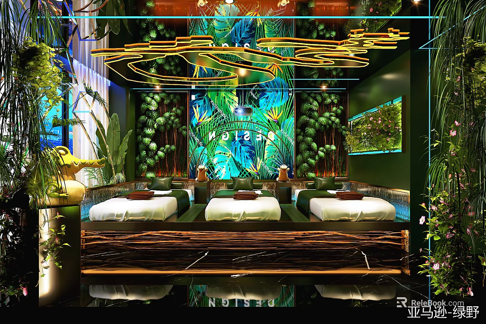 Tropical Amazon SPA Sauna Interior With Lush Greenery Massage Beds And Natural Wall Decor 3d model 