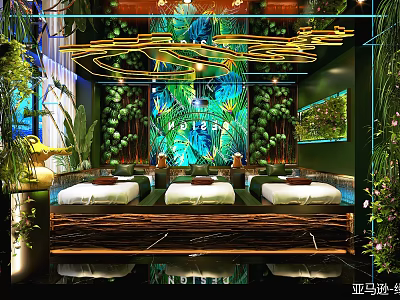 Tropical Amazon SPA Sauna Interior With Lush Greenery Massage Beds And Natural Wall Decor 3d model