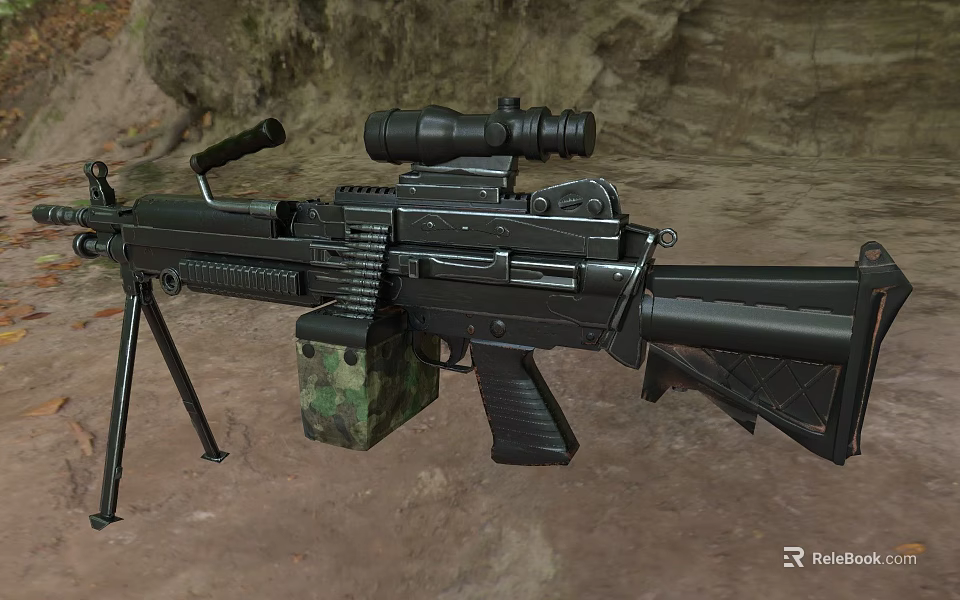 Tactical Machine Gun With Tripod Scope Black Body And Camouflage Magazine On Rocky Dirt Ground 3d model 