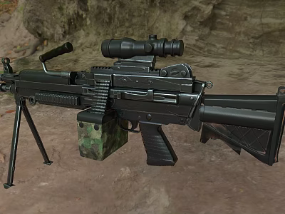 Tactical Machine Gun With Tripod Scope Black Body And Camouflage Magazine On Rocky Dirt Ground 3d model