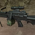 Tactical Machine Gun With Tripod Scope Black Body And Camouflage Magazine On Rocky Dirt Ground