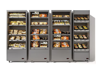 Stainless Steel Commercial Display Refrigerators with Glass Doors Stocked with Packaged Foods 3d model