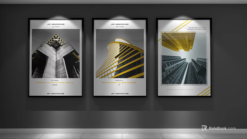Architectural Landscape Paintings With Black White Yellow Tones On Wall 3d model