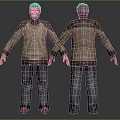 Elderly Male Character Wearing Gray Sweater and Blue Pants Front Back Views