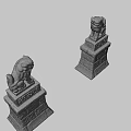 Mythical Stone Lion Statues As Game And Movie Characters With Ancient Pedestal And Red Symbol