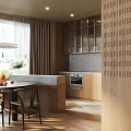Modern Living And Dining Interior With Woven Seat Chair Wooden Shelves Wall Painting Window View