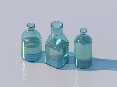 Transparent Glass Bottles With Different Shapes And Light Blue Liquid For Daily Use 3d model