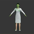 A woman wearing white doctor coat with stethoscope standing with arms outstretched against gray background