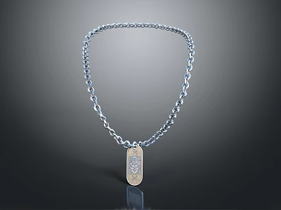 Stylish Silver Link Chain Necklace With Rectangular Pendant And Intricate Pattern 3d model