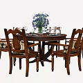 Classic Solid Wood Dining Table Set with Six Chairs Vase and Tableware 3d model