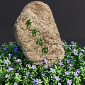 Garden Ornament With Decorative Stone Surrounded By Purple Flowers And Green Leaves