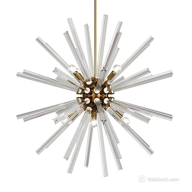 Modern Radial Chandelier Design With Transparent Glass Tubes Golden Metal Center And Light Bulbs 3d model 