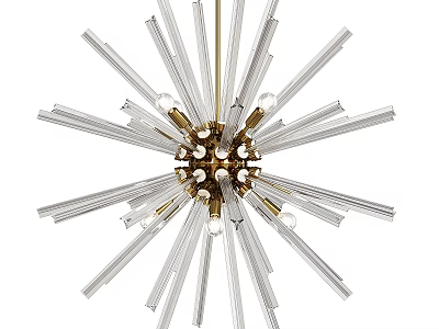 Modern Radial Chandelier Design With Transparent Glass Tubes Golden Metal Center And Light Bulbs 3d model