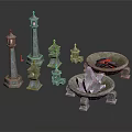 Mythical Stone Decorative Structures With Tall Towers Lanterns Flame And Crystal Bowls