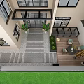 Terrace Garden Landscape With Wooden Flooring Table Chairs Umbrella Green Plants Steps And City Skyline