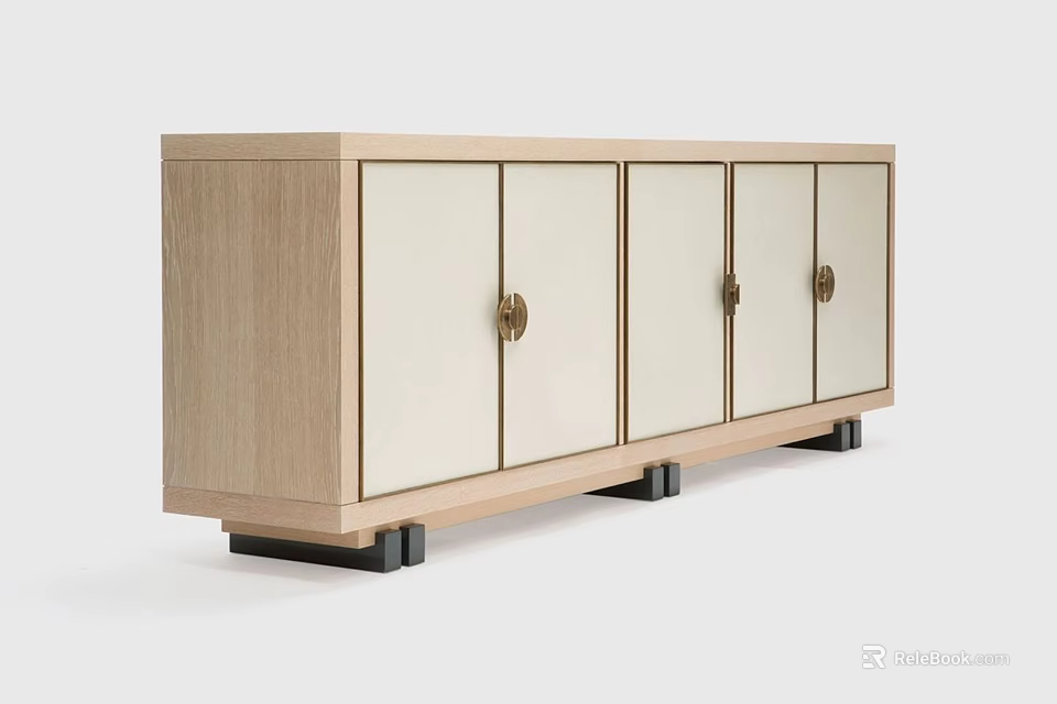 Modern Wooden Entryway Cabinet Sideboard With Light Panels Metal Handles And Black Legs 3d model 
