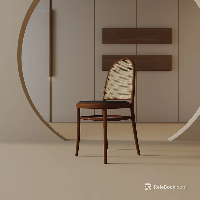 Modern Wooden Leisure Chair With Woven Backrest In Minimalist Room With Wooden Panels 3d model 