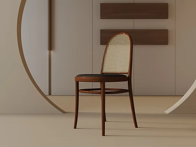 Modern Wooden Leisure Chair With Woven Backrest In Minimalist Room With Wooden Panels 3d model