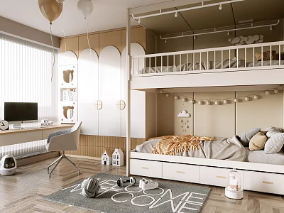 Cozy Children's Room Interior With Bunk Bed Desk Chair Welcome Rug And Balloons 3d model