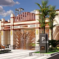 Luxurious Entrance Gate With Metal Fence Palm Trees Green Roof And Security Kiosk