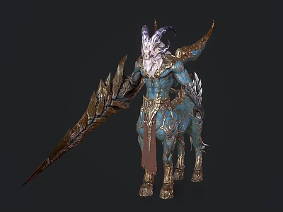 Mythical Blue Gold Armored Centaur Character With Horns White Beard And Large Feathered Weapon 3d model