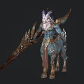 Mythical Blue Gold Armored Centaur Character With Horns White Beard And Large Feathered Weapon