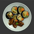 Delicious Black Rolls With Fried Chicken Pieces And Fresh Vegetables On White Plate