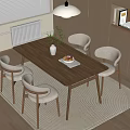 Modern Wooden Dining Table with Four Light Gray Chairs and Vase Fruit Plate on Rug