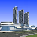 Modern High Rise Residential Buildings With Glass Facade And Low Rise Podium