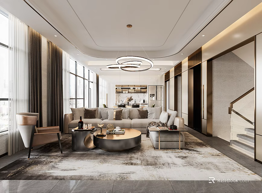 Modern Living Dining Room Interior With Spacious Layout Sofa Coffee Table And Pendant Lights 3d model 