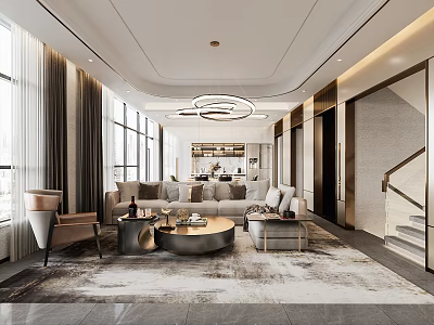 Modern Living Dining Room Interior With Spacious Layout Sofa Coffee Table And Pendant Lights 3d model