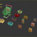 Multicolored Shopping Equipment With Carts Baskets And Paper Bags