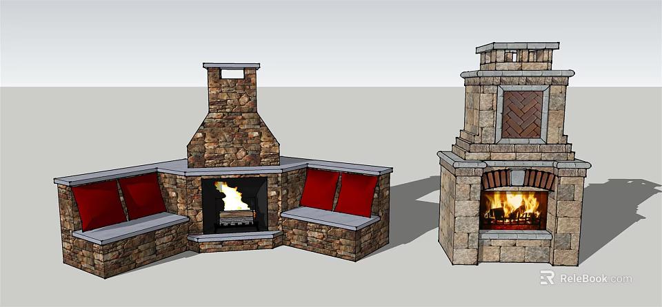 Stone Fireplace With Red Cushioned Benches And Burning Fire Decorative Design 3d model