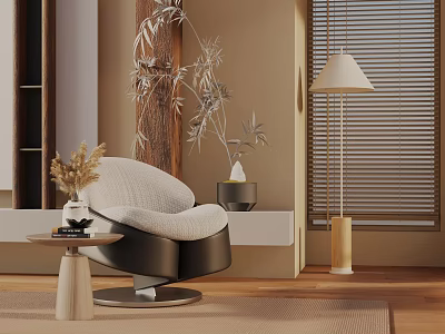 Modern Leisure Chair with Round Side Table Dried Flowers Floor Lamp Bamboo Decor and Wooden Blinds 3d model