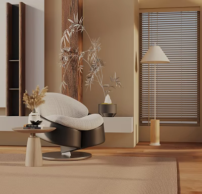 Modern Leisure Chair with Round Side Table Dried Flowers Floor Lamp Bamboo Decor and Wooden Blinds 3d model