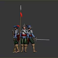 3D Model Of Ancient Soldiers In Blue Red Silver Costumes Standing On Green Grass With Spear