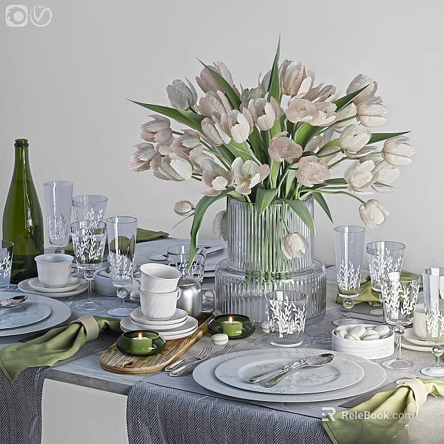 Elegant Tableware Set With White Plates Glassware Tulips Cups And Green Napkins 3d model 