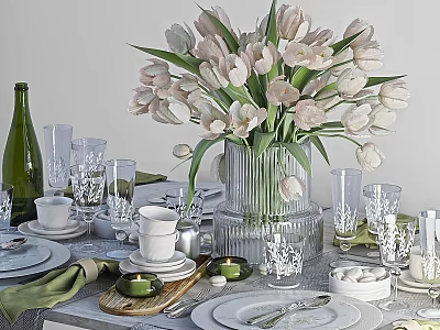 Elegant Tableware Set With White Plates Glassware Tulips Cups And Green Napkins 3d model
